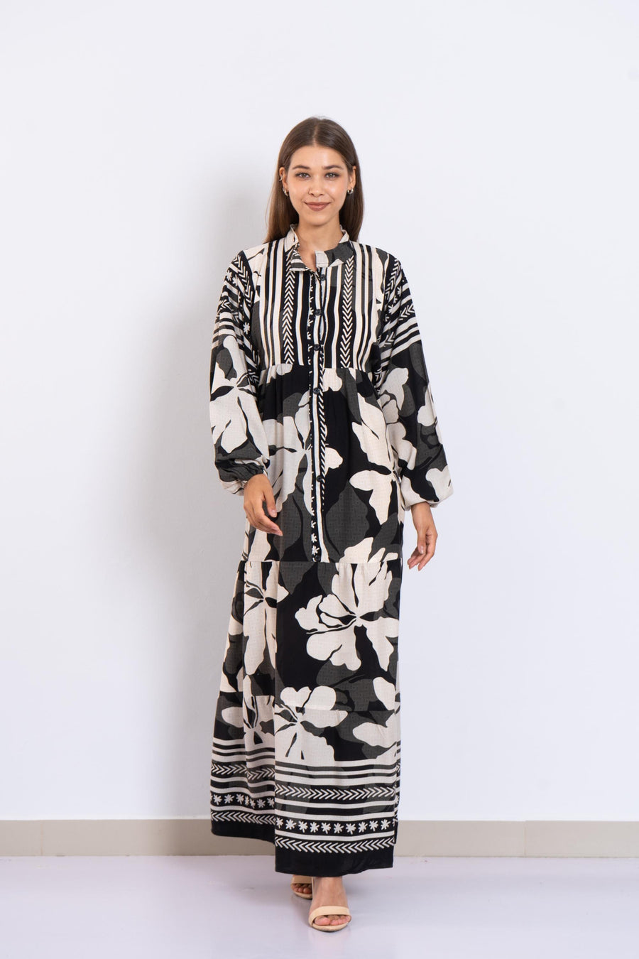 Black Floral Viscose Maxi Dress – Boho Summer Dress with Puffy Sleeves and Tribal Borders – Button-Down Resort Wear for Women
