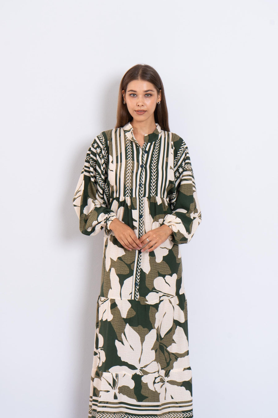 Summer Green Floral Viscose Maxi Dress – Boho Summer Dress with Puffy Sleeves and Tribal Borders – Button-Down Resort Wear for Women