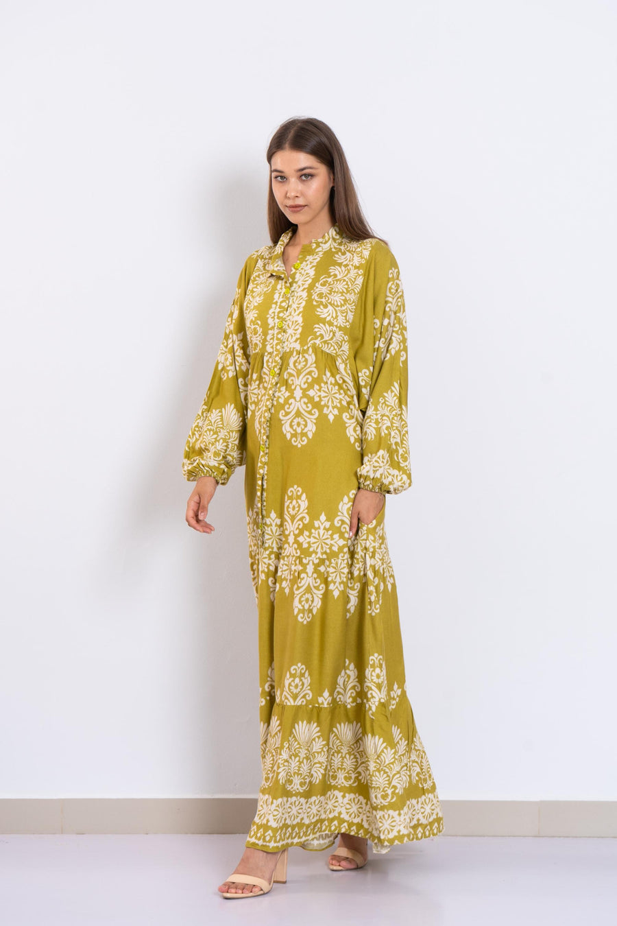 Mustard and White Viscose Maxi Dress – Baroque Print Long Dress with Buttons and Puffy Sleeves – Lightweight Summer Boho Outfit for Women