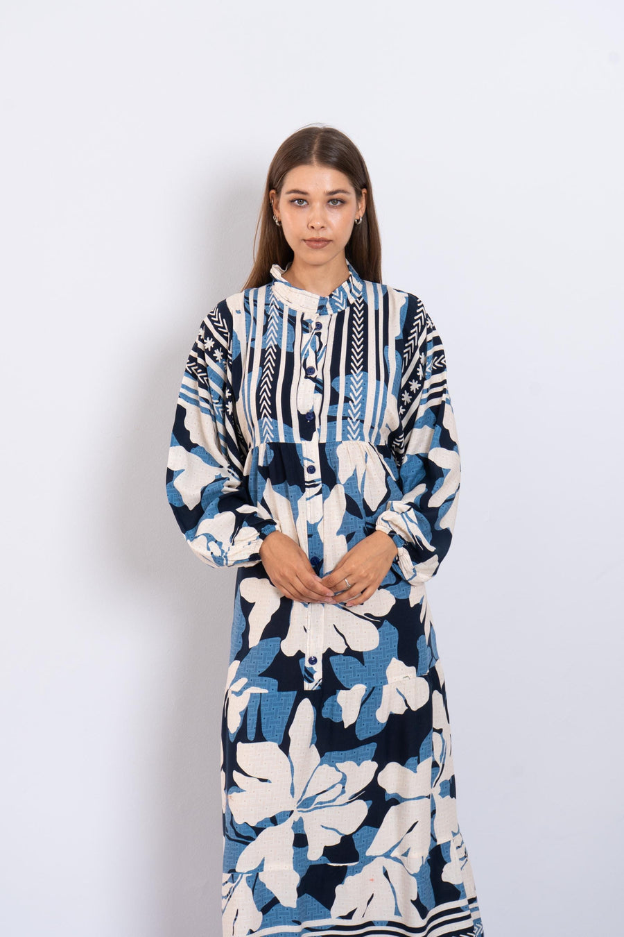 Summer Blue Floral Viscose Maxi Dress – Boho Summer Dress with Puffy Sleeves and Tribal Borders – Button-Down Resort Wear for Women