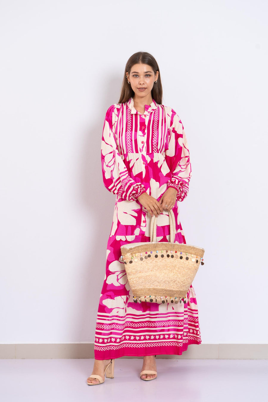Fuchsia Floral Viscose Maxi Dress – Boho Summer Dress with Puffy Sleeves and Tribal Borders – Button-Down Resort Wear for Women