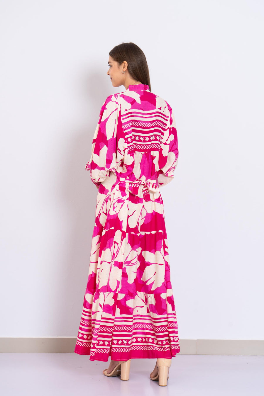 Fuchsia Floral Viscose Maxi Dress – Boho Summer Dress with Puffy Sleeves and Tribal Borders – Button-Down Resort Wear for Women