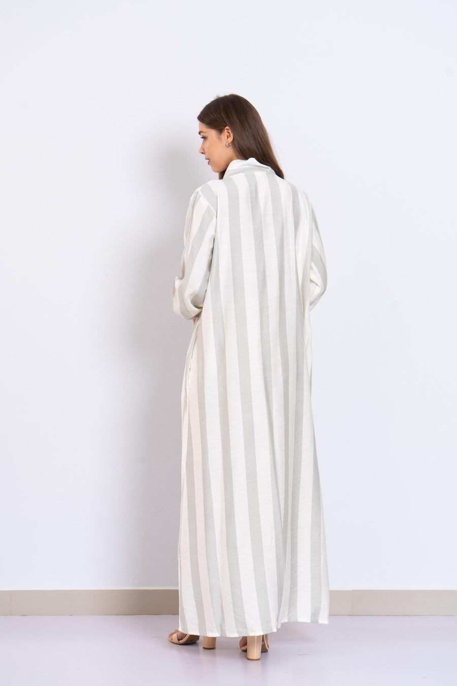 Royal Blush Striped Linen Kaftan Dress with Pockets – Long Sleeve Caftan for Women – Lightweight Summer Lounge Wear – Resort Caftan Grey