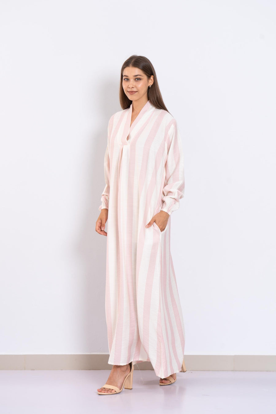 Blush Pink Luxurious Striped Linen Kaftan Dress with Pockets – Long Sleeve Caftans for Women – Lightweight Summer Lounge Wear – Minimalist