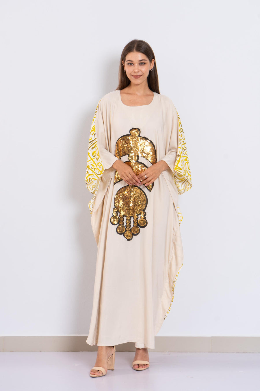 Elegant beige butterfly embroidered Plus size Kaftan with belt, Loose fit Bohemian Caftan, Cotton Kaftan, Exotic Kaftan, Moroccan Caftan