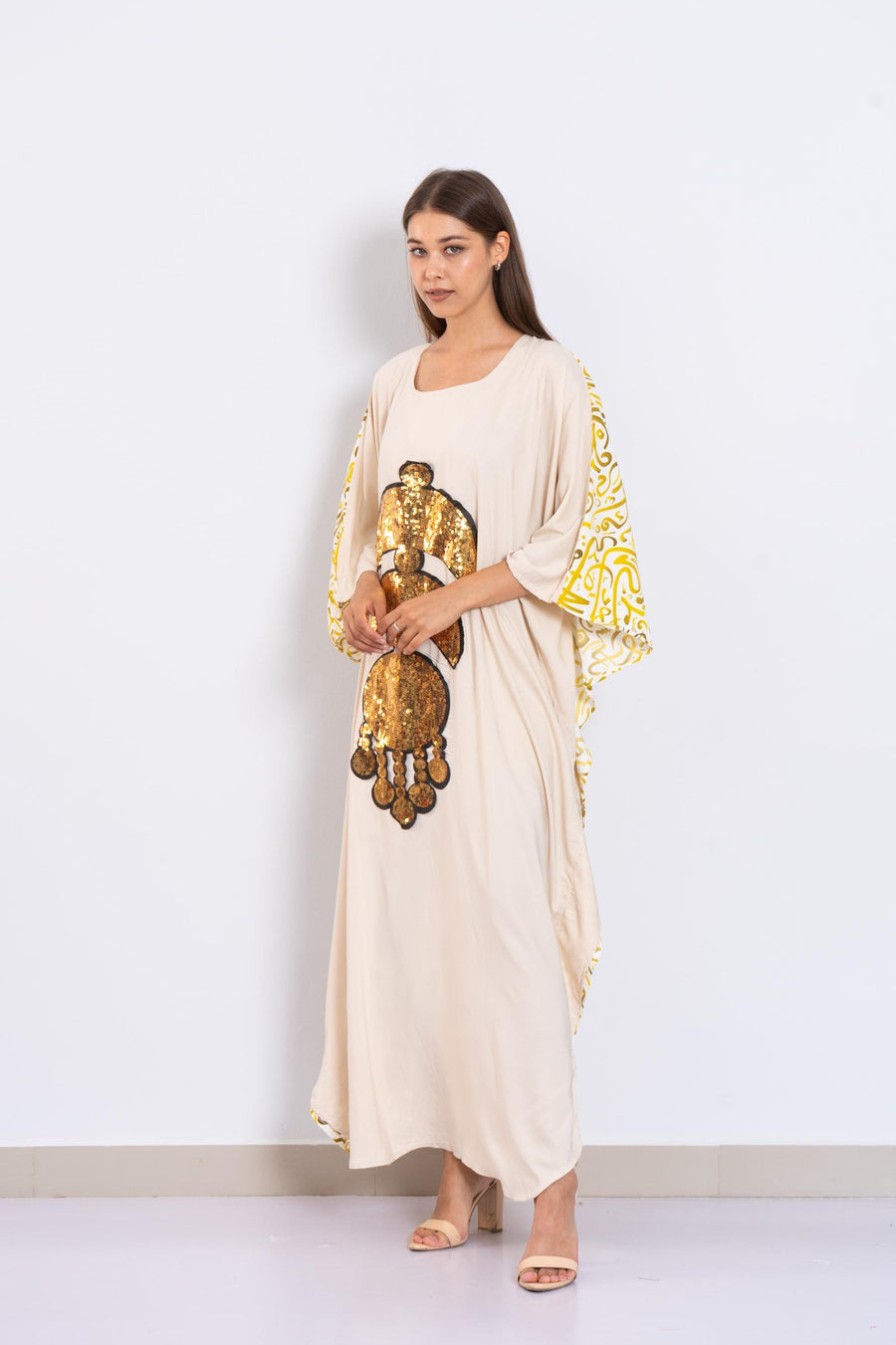 Elegant beige butterfly embroidered Plus size Kaftan with belt, Loose fit Bohemian Caftan, Cotton Kaftan, Exotic Kaftan, Moroccan Caftan