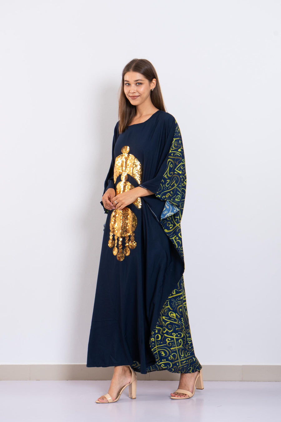 Elegant navy blue butterfly embroidered Plus size Kaftan with belt, Loose fit Bohemian Caftan, Cotton Kaftan, Exotic Kaftan, Moroccan Caftan