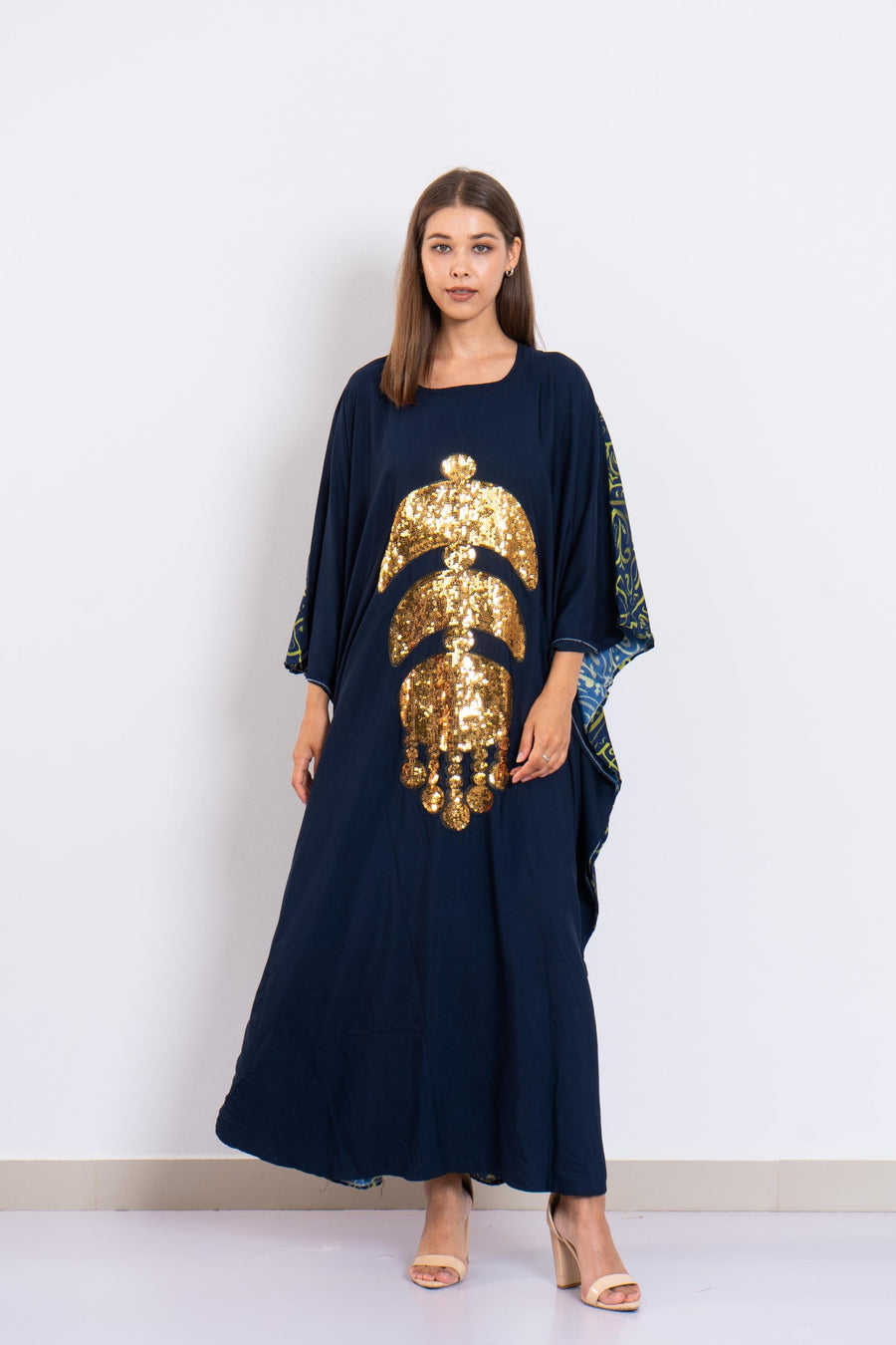 Elegant navy blue butterfly embroidered Plus size Kaftan with belt, Loose fit Bohemian Caftan, Cotton Kaftan, Exotic Kaftan, Moroccan Caftan