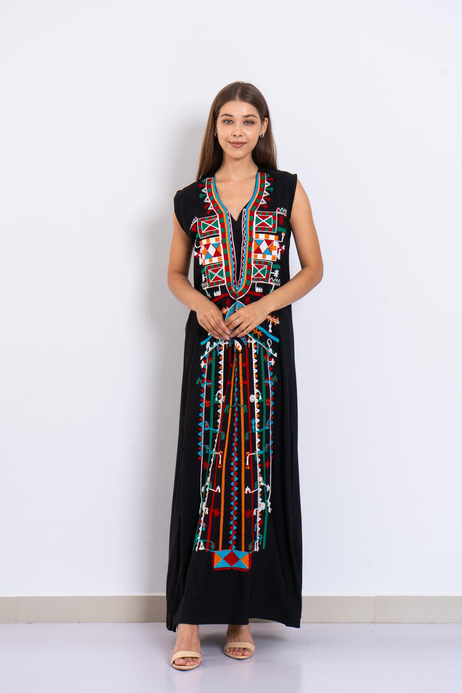 Bohemian black sleeveless Siwa embroidered caftan, embroidered Caftan dress, Caftan maxi dress, Caftans for women, Cotton caftans summer