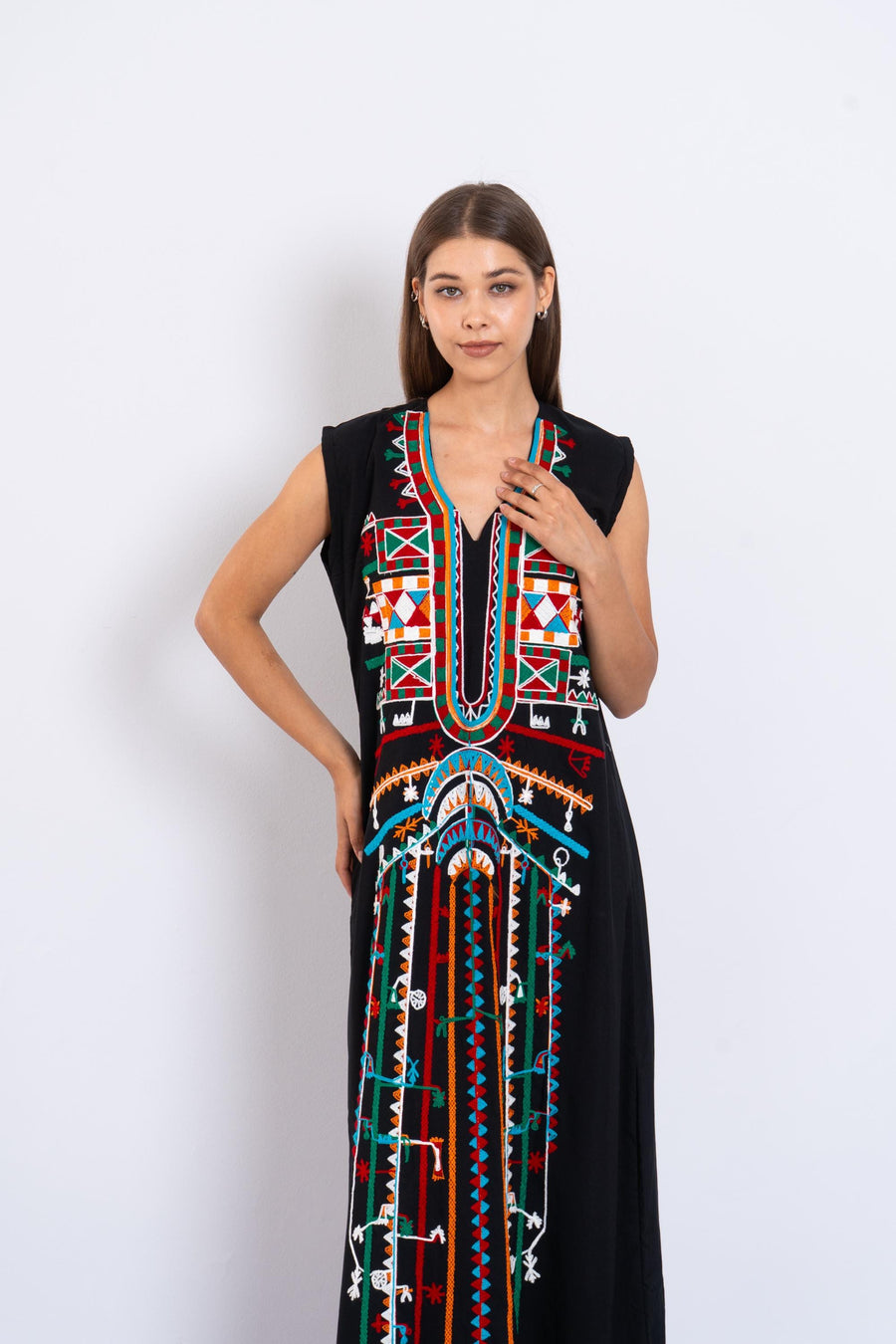 Bohemian black sleeveless Siwa embroidered caftan, embroidered Caftan dress, Caftan maxi dress, Caftans for women, Cotton caftans summer