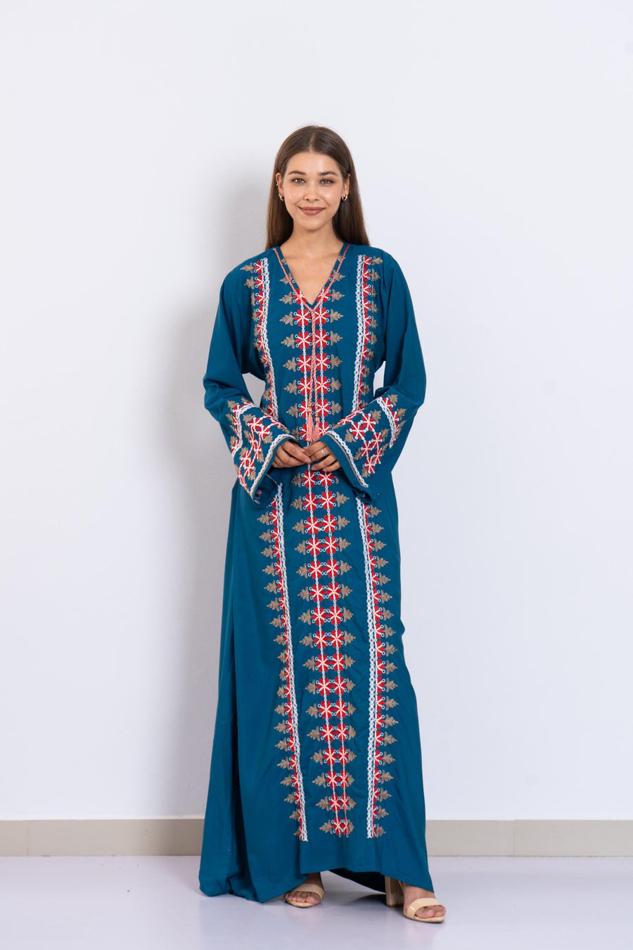 Blue Embroidered Caftan Dress – Long Sleeve Caftan for Women – Boho Kaftan – Moroccan Style Abaya – Ethnic Caftans – Modest Lounge Wear