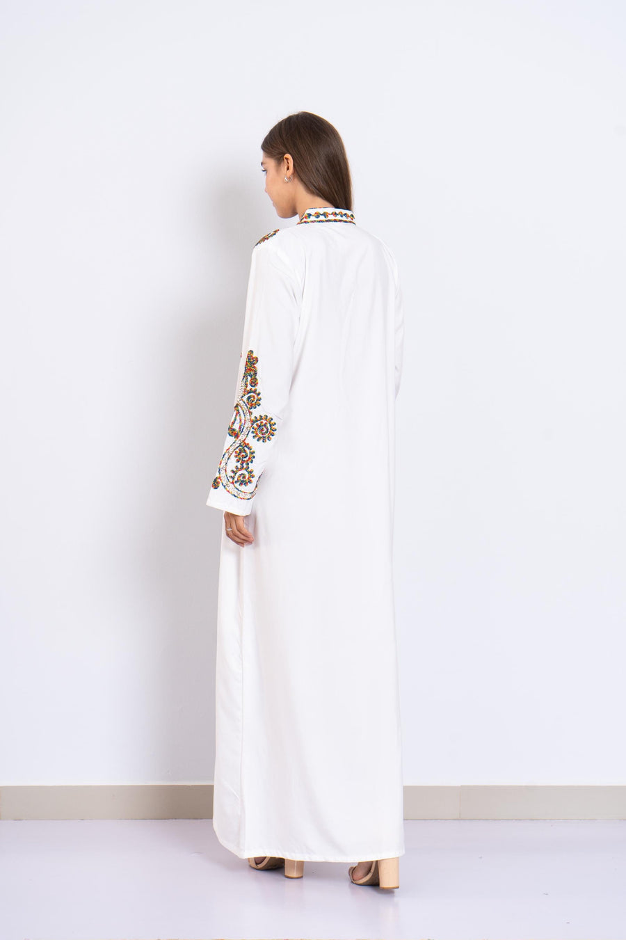 white Embroidered Kaftan Dress – Linen Blend Caftan for Women – Long Sleeve Maxi Dress – Boho Moroccan Style Caftans – Lightweight Kaftan