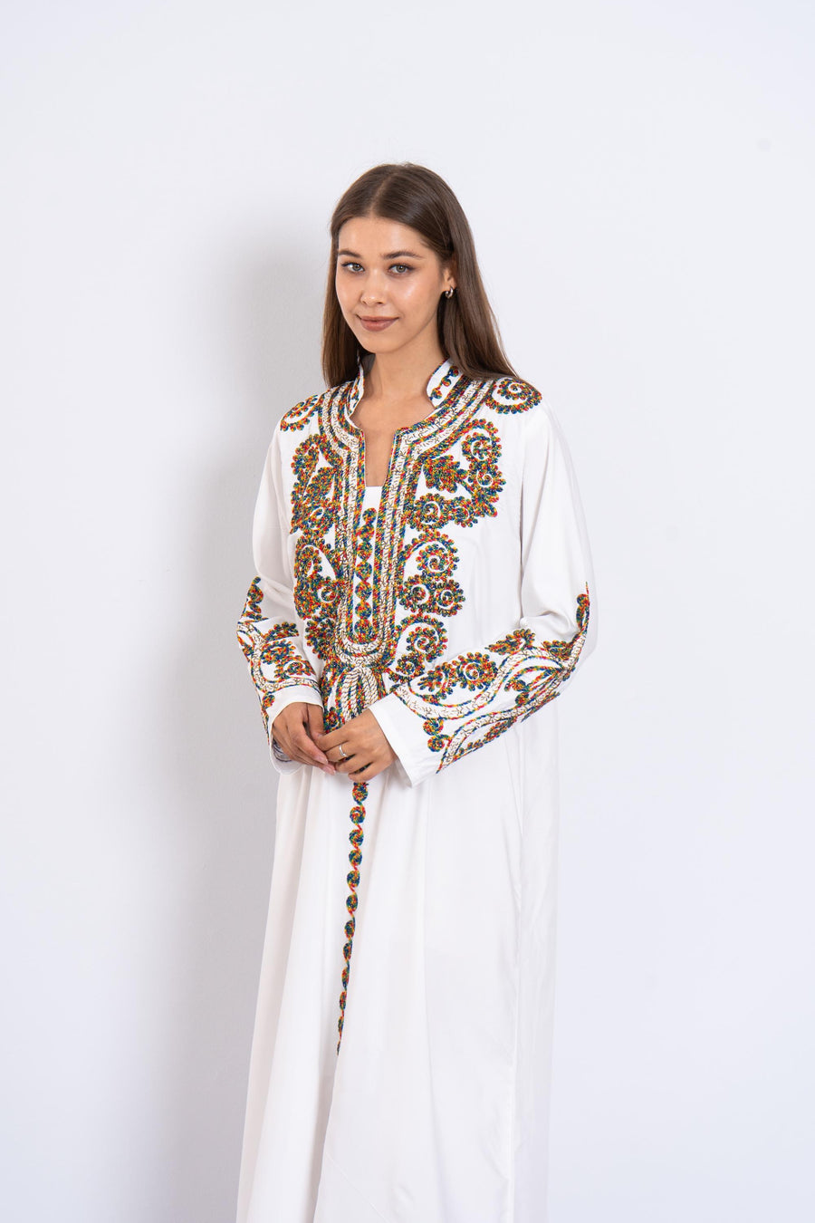 white Embroidered Kaftan Dress – Linen Blend Caftan for Women – Long Sleeve Maxi Dress – Boho Moroccan Style Caftans – Lightweight Kaftan