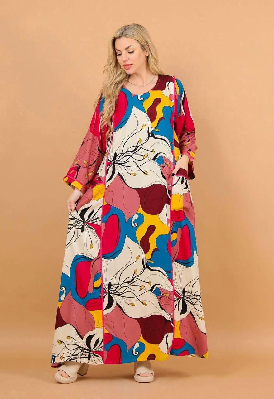 colo Viscose Kaftan Dress with Buttons – Embroidered Caftan for Women – Long Sleeve Maxi Dress – Boho Everyday Wear – Flowy Caftans