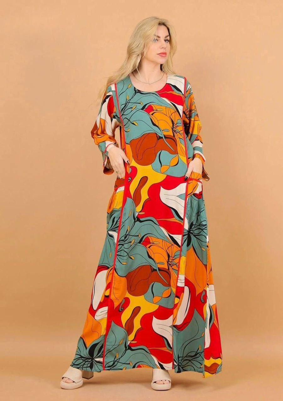 colo Viscose Kaftan Dress with Buttons – Embroidered Caftan for Women – Long Sleeve Maxi Dress – Boho Everyday Wear – Flowy Caftans