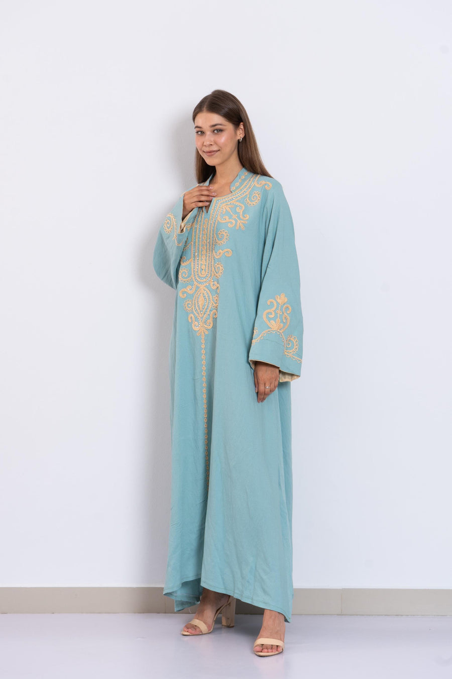 Turquoise Hand Embroidered Kaftan Dress – Crystal Embellished Caftan for Women – Long Sleeve Caftan – Elegant Moroccan Style Caftan