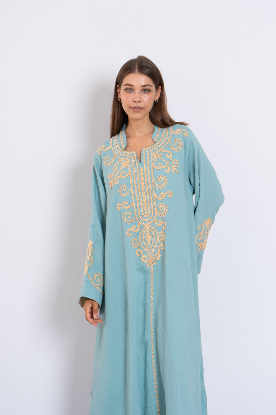 Turquoise Hand Embroidered Kaftan Dress – Crystal Embellished Caftan for Women – Long Sleeve Caftan – Elegant Moroccan Style Caftan