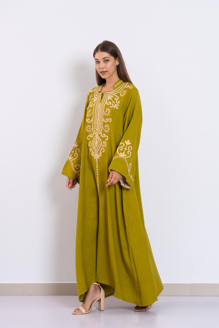 Green Hand Embroidered Kaftan Dress – Crystal Embellished Caftan for Women – Long Sleeve Caftan – Elegant Moroccan Style Caftan