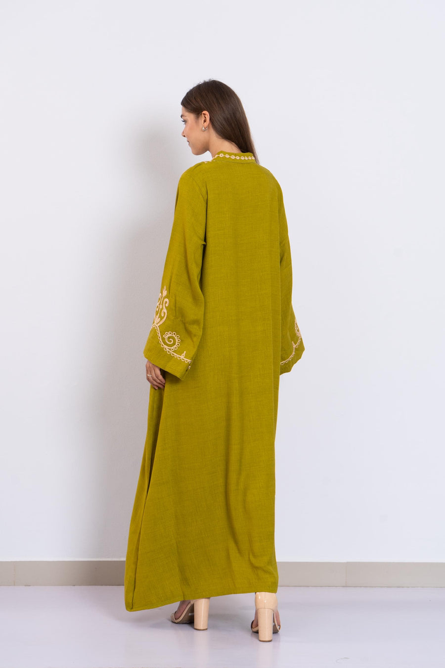 Green Hand Embroidered Kaftan Dress – Crystal Embellished Caftan for Women – Long Sleeve Caftan – Elegant Moroccan Style Caftan