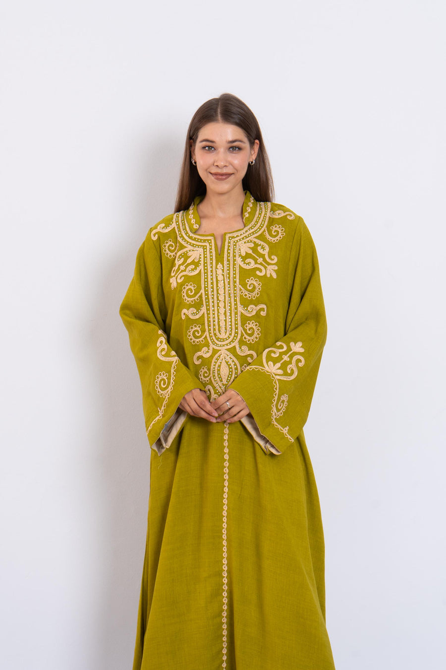 Green Hand Embroidered Kaftan Dress – Crystal Embellished Caftan for Women – Long Sleeve Caftan – Elegant Moroccan Style Caftan