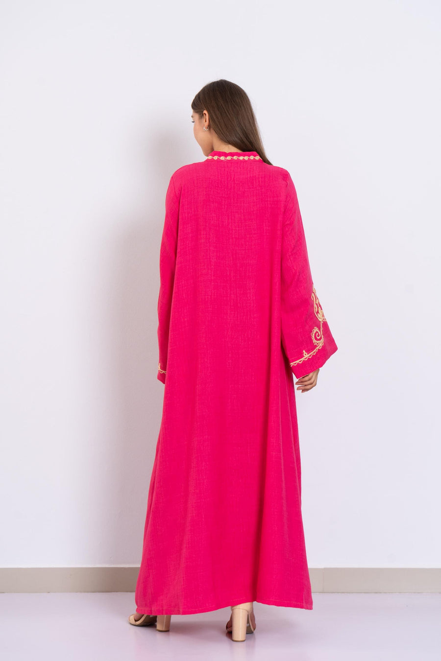 Fuchsia Hand Embroidered Kaftan Dress – Crystal Embellished Caftan for Women – Long Sleeve Caftan – Elegant Moroccan Style Caftan