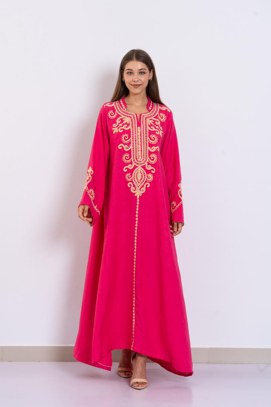 Fuchsia Hand Embroidered Kaftan Dress – Crystal Embellished Caftan for Women – Long Sleeve Caftan – Elegant Moroccan Style Caftan