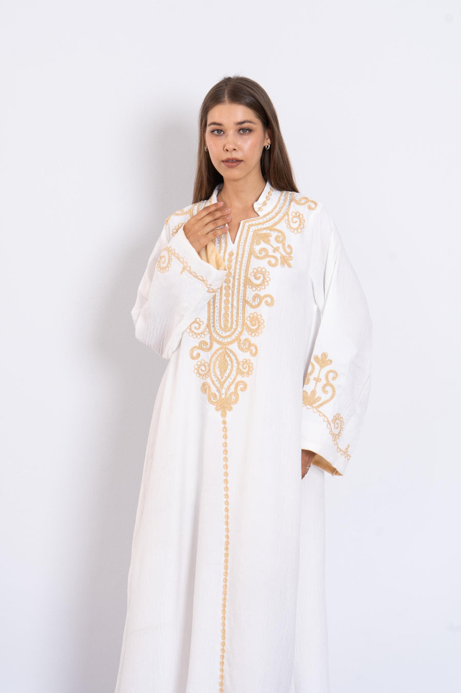 White Hand Embroidered Kaftan Dress – Crystal Embellished Caftan for Women – Long Sleeve Caftan – Elegant Moroccan Style Caftan