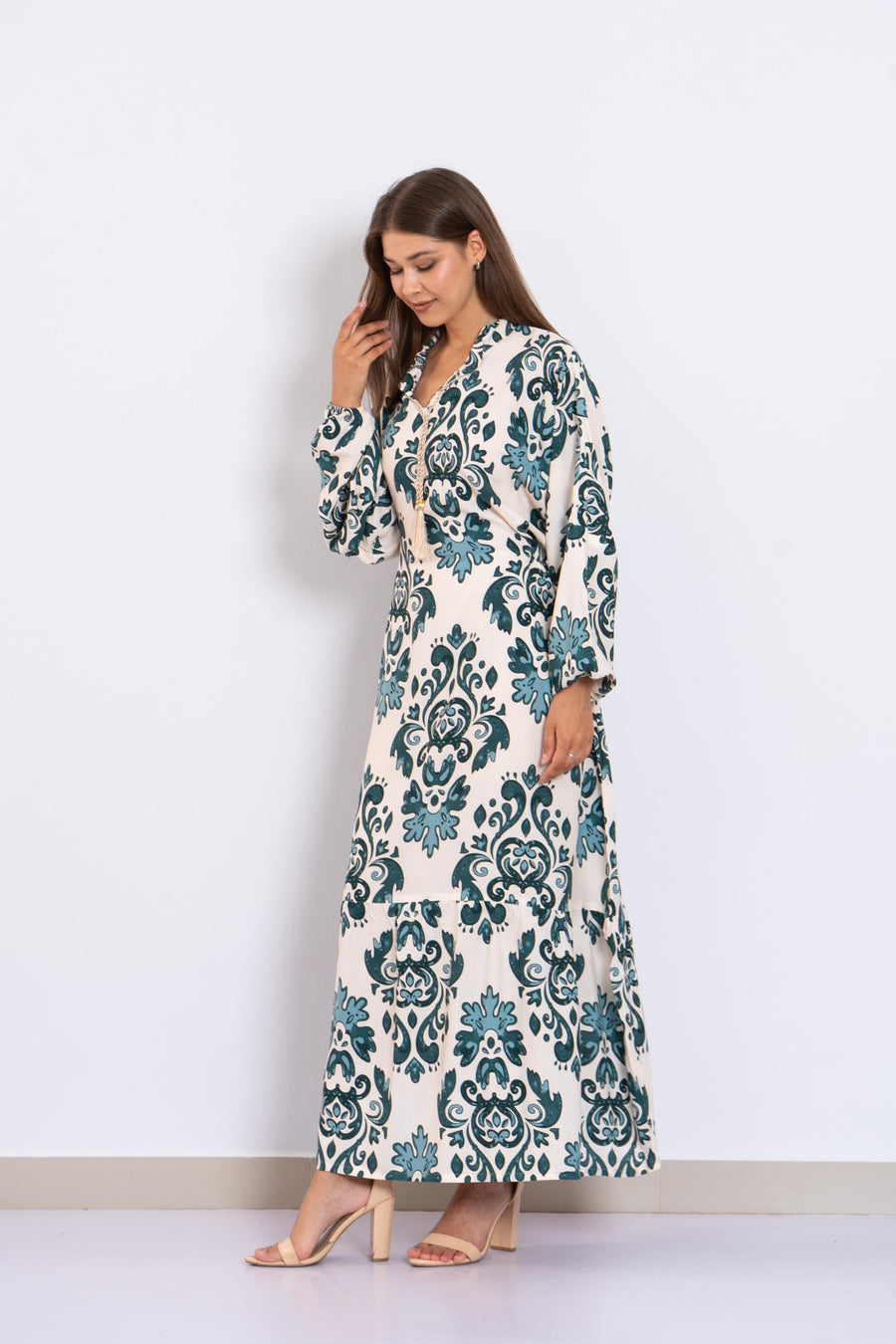 Teal Print Viscose Maxi Dress – Puffy Sleeve Long Dress for Women – Small Collar Boho Style – Lightweight Flowy Summer Outfit