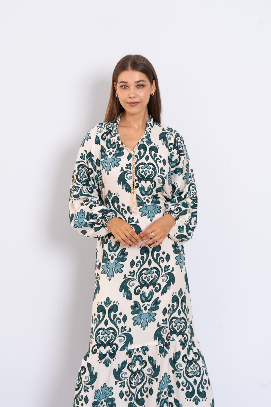 Teal Print Viscose Maxi Dress – Puffy Sleeve Long Dress for Women – Small Collar Boho Style – Lightweight Flowy Summer Outfit