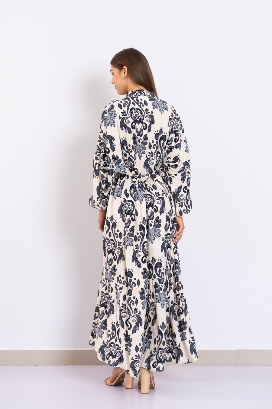 Stunning Grey Print Viscose Maxi Dress – Puffy Sleeve Long Dress for Women – Small Collar Boho Style – Lightweight Flowy Summer Outfit