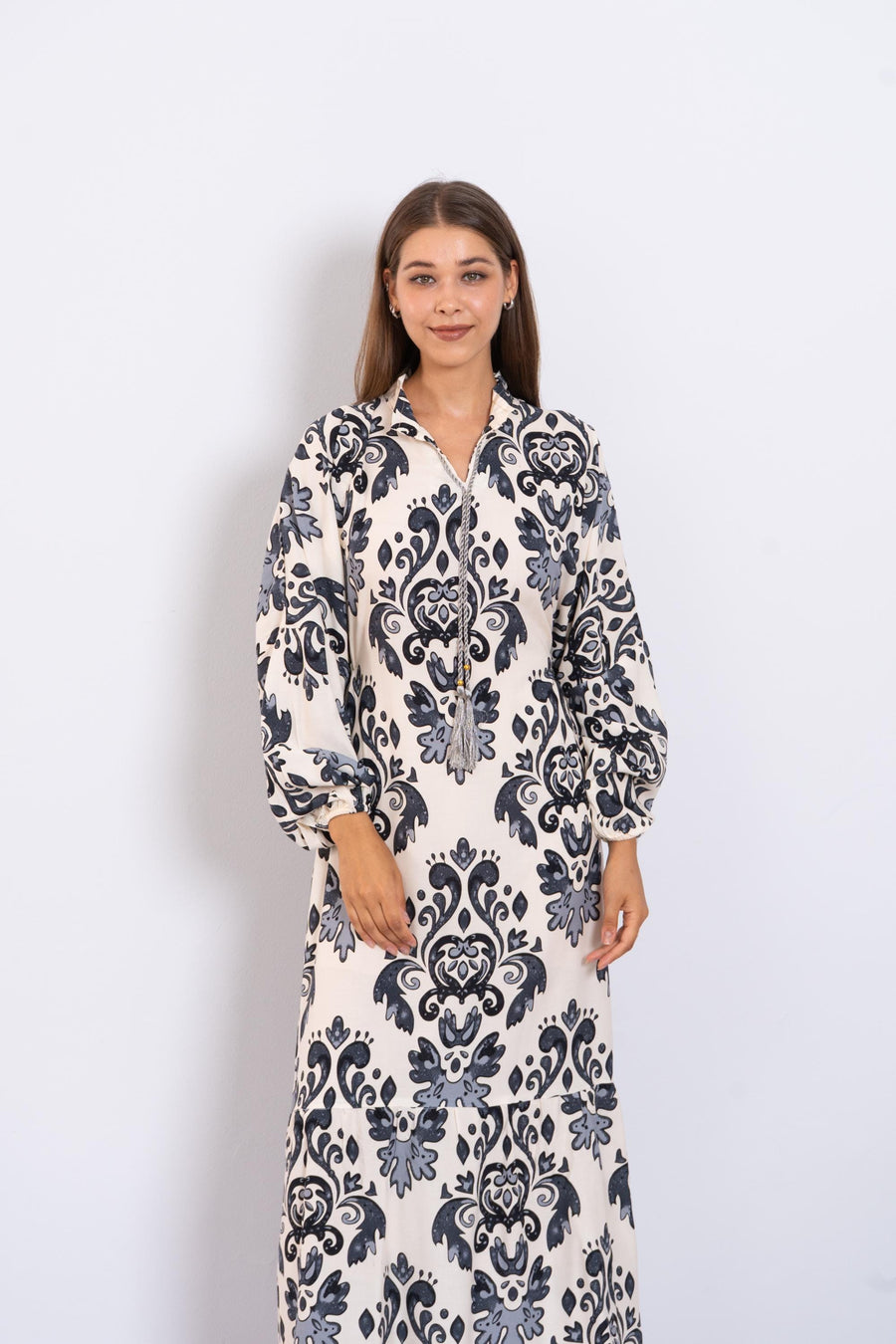 Stunning Grey Print Viscose Maxi Dress – Puffy Sleeve Long Dress for Women – Small Collar Boho Style – Lightweight Flowy Summer Outfit