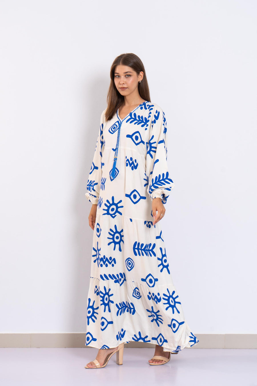 Tribal Print Viscose Maxi Dress – Blue and Cream Boho Long Dress with Puffy Sleeves – Tiered Flowy Resort Wear – Lightweight Summer Outfit