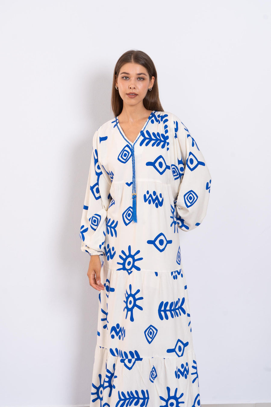 Tribal Print Viscose Maxi Dress – Blue and Cream Boho Long Dress with Puffy Sleeves – Tiered Flowy Resort Wear – Lightweight Summer Outfit
