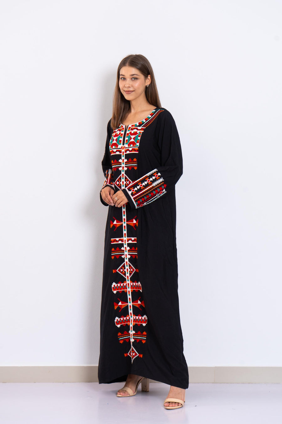 Black Siwa Embroidered Kaftan Dress – Egyptian Cotton Caftan with Pockets – Long Sleeve Caftan for women – Egyptian Boho Tribal Kaftan