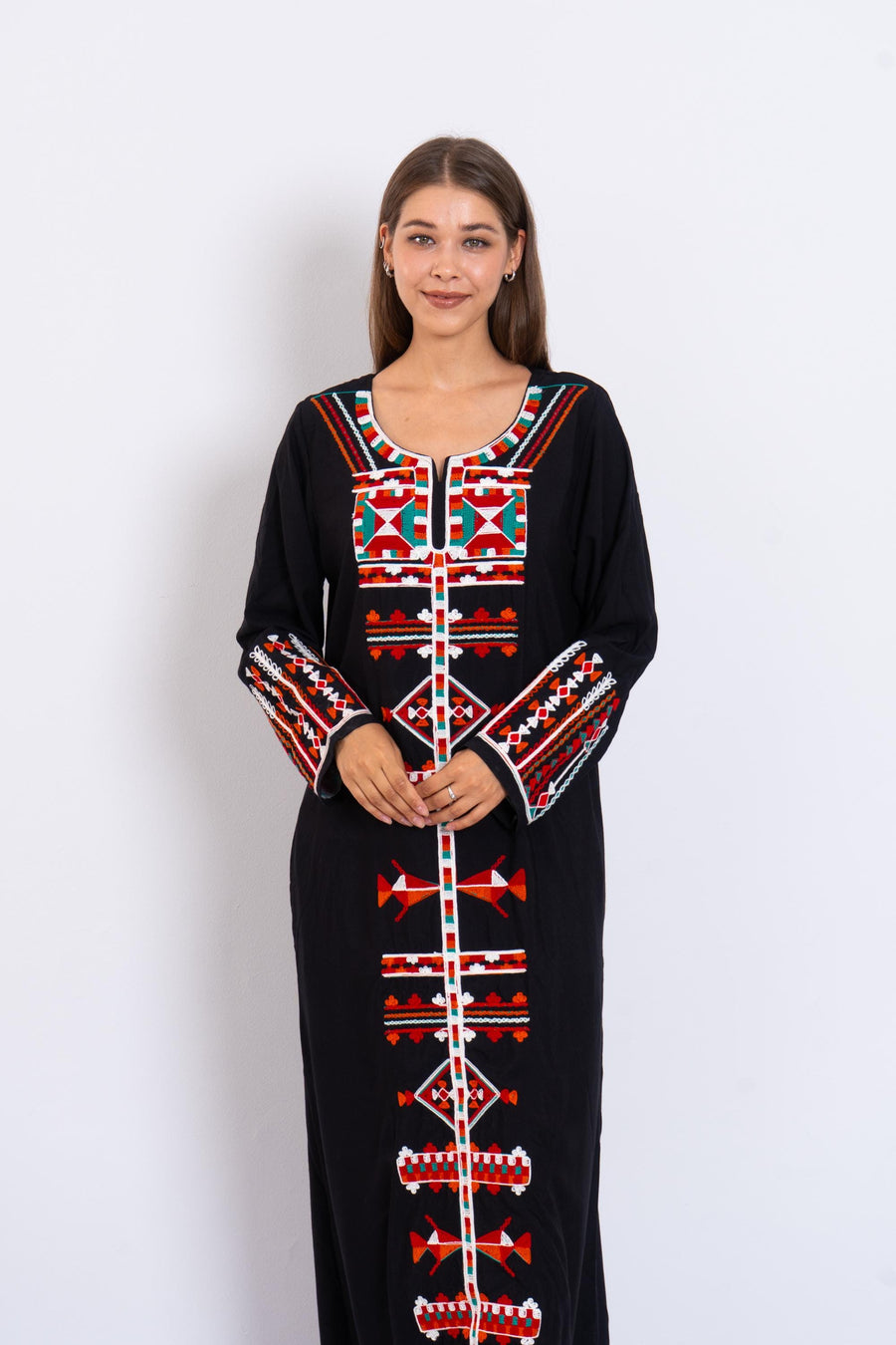 Black Siwa Embroidered Kaftan Dress – Egyptian Cotton Caftan with Pockets – Long Sleeve Caftan for women – Egyptian Boho Tribal Kaftan