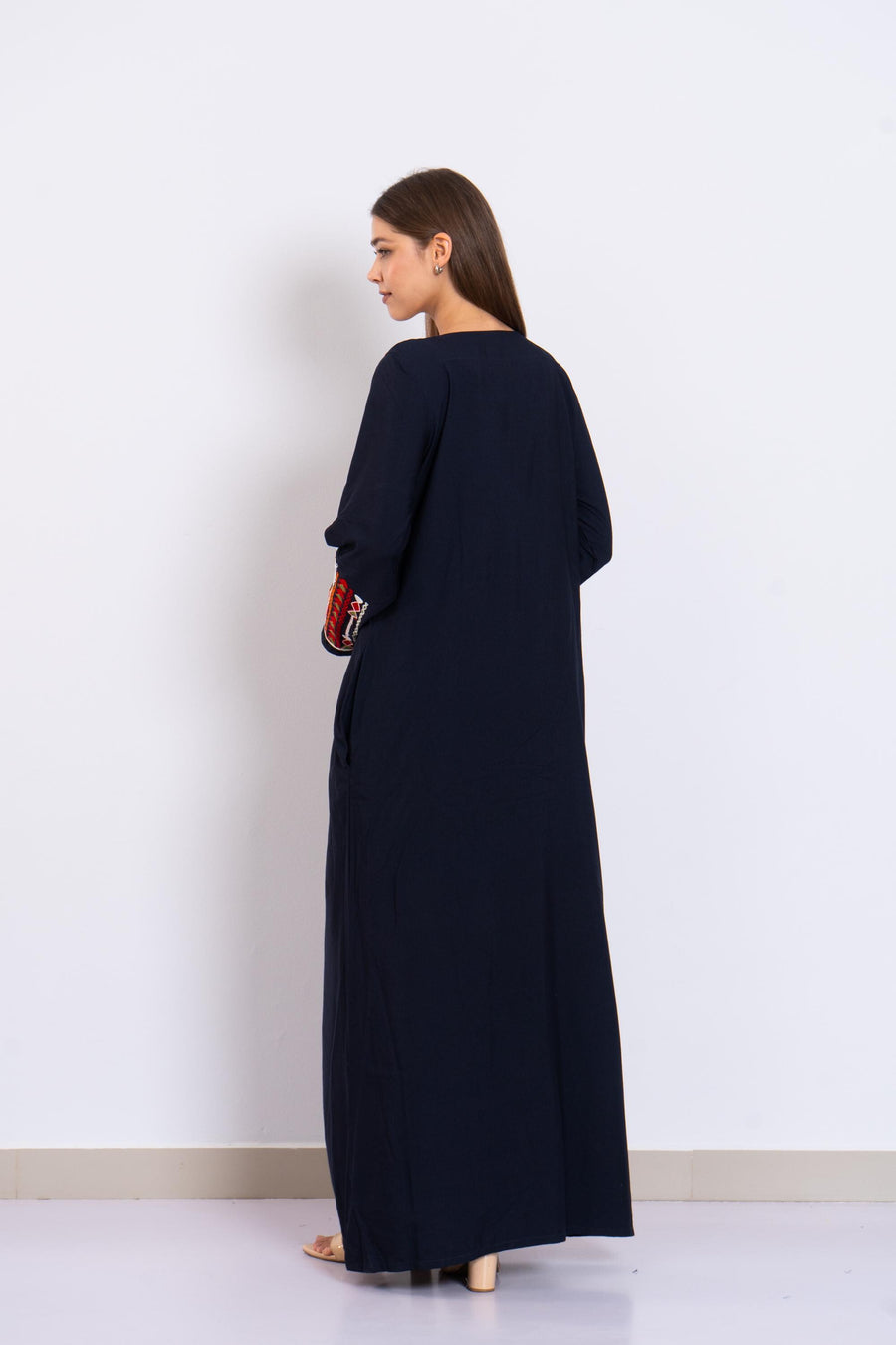 Navy Siwa Embroidered Kaftan Dress – Egyptian Cotton Caftan with Pockets – Long Sleeve Caftan for women – Egyptian Boho Tribal Kaftan