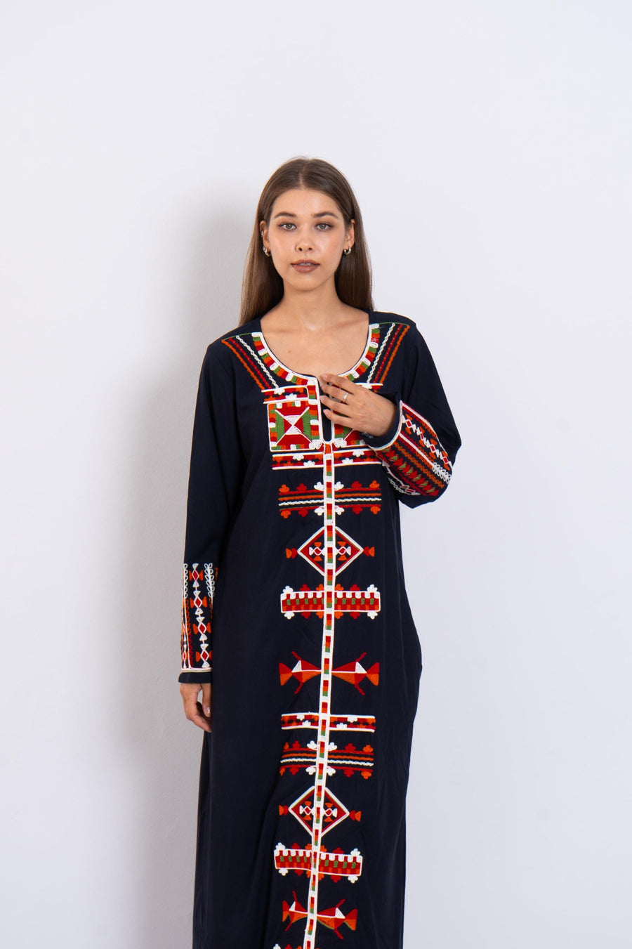 Navy Siwa Embroidered Kaftan Dress – Egyptian Cotton Caftan with Pockets – Long Sleeve Caftan for women – Egyptian Boho Tribal Kaftan