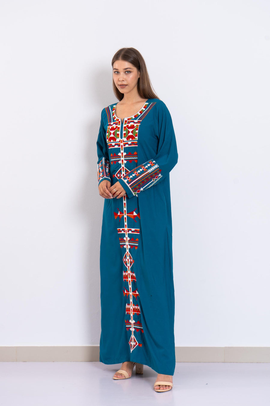 Teal Siwa Embroidered Kaftan Dress – Egyptian Cotton Caftan with Pockets – Long Sleeve Caftan for women – Egyptian Boho Tribal Kaftan