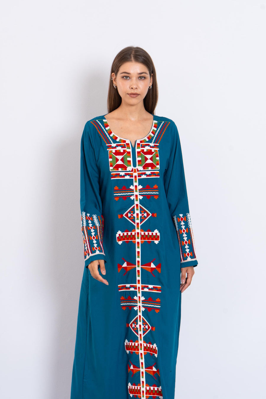 Teal Siwa Embroidered Kaftan Dress – Egyptian Cotton Caftan with Pockets – Long Sleeve Caftan for women – Egyptian Boho Tribal Kaftan