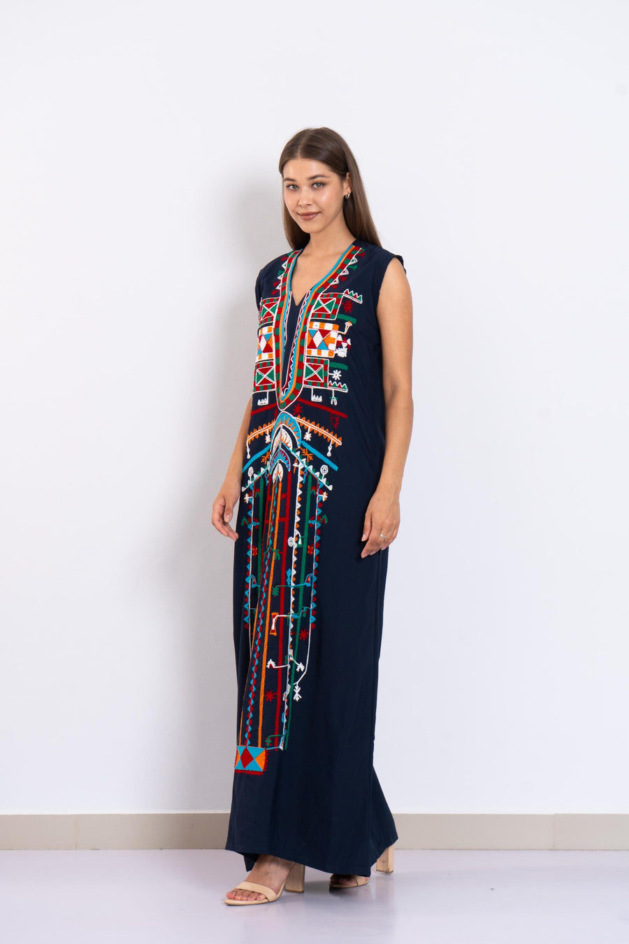 Bohemian Navy blue sleeveless Siwa embroidered caftan, embroidered Caftan dress, Caftan maxi dress, Caftans for women, Cotton caftans summer