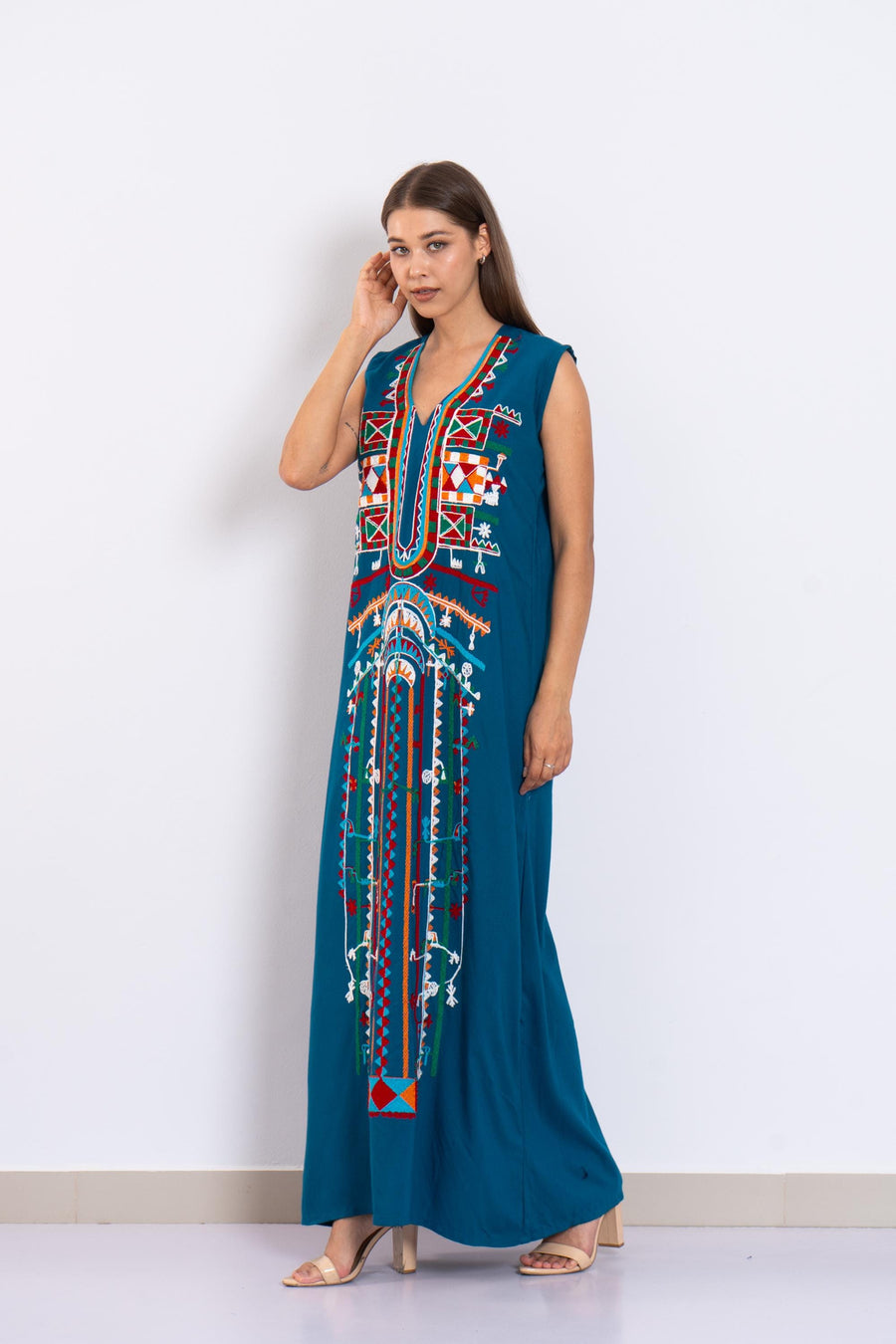 Bohemian Petroleum sleeveless Siwa embroidered caftan, embroidered Caftan dress, Caftan maxi dress, Caftans for women, Cotton caftans summer