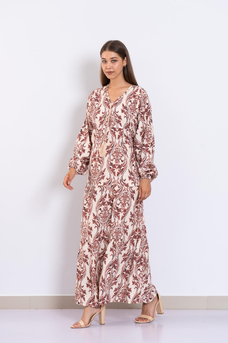 Cream Print Viscose Maxi Dress – Puffy Sleeve Boho Dress for Women – Lightweight Flowy Long Dress – Casual Summer Resort Outfit