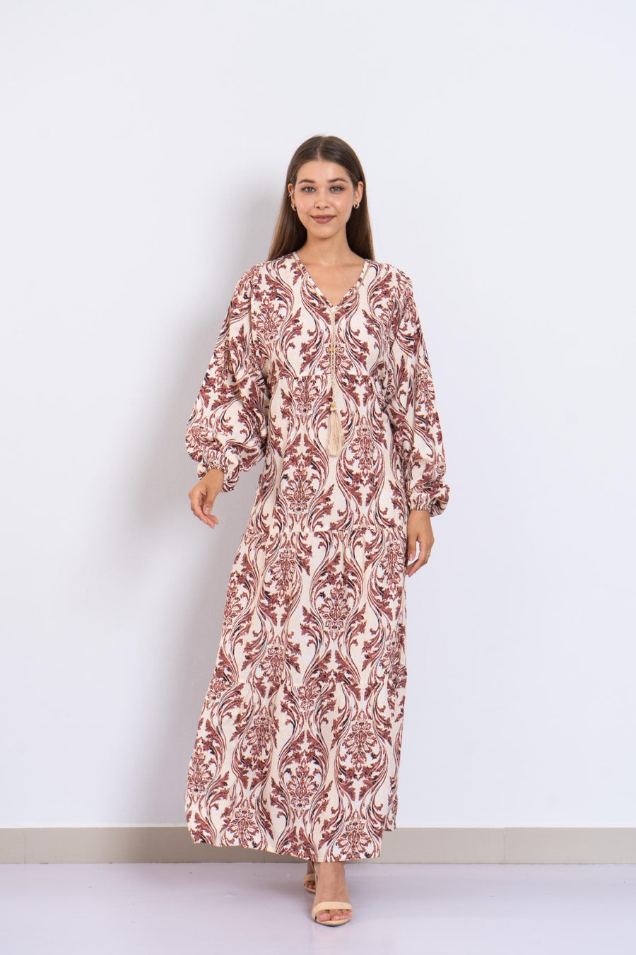 Cream Print Viscose Maxi Dress – Puffy Sleeve Boho Dress for Women – Lightweight Flowy Long Dress – Casual Summer Resort Outfit