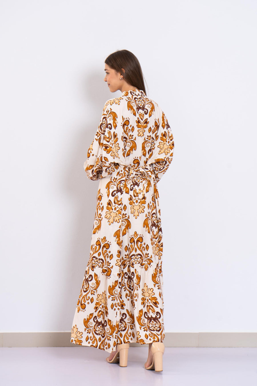 Stunning Cream Print Viscose Maxi Dress – Puffy Sleeve Long Dress for Women – Small Collar Boho Style – Lightweight Flowy Summer Outfit