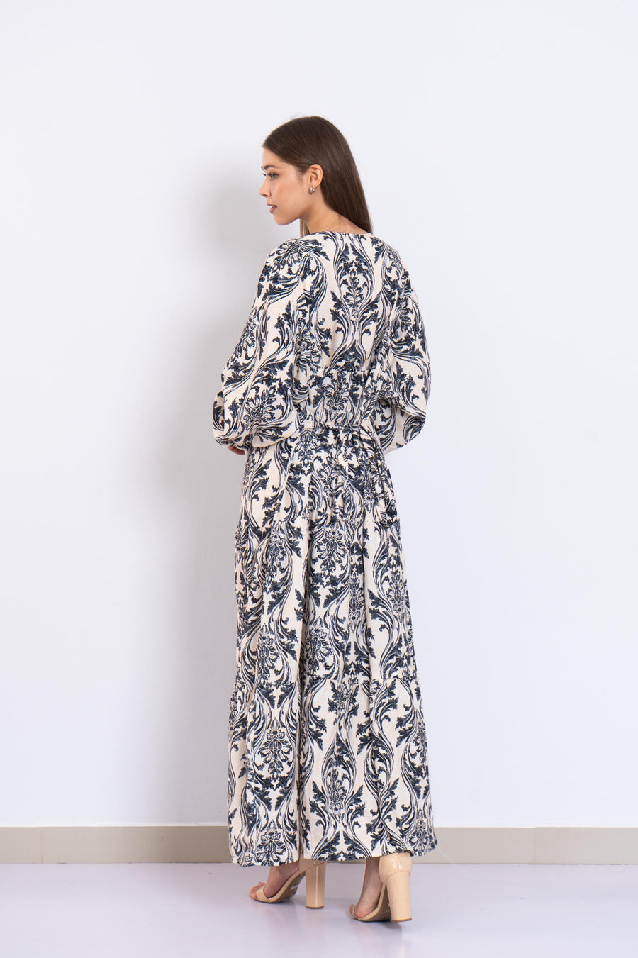 Black Print Viscose Maxi Dress – Puffy Sleeve Boho Dress for Women – Lightweight Flowy Long Dress – Casual Summer Resort Outfit
