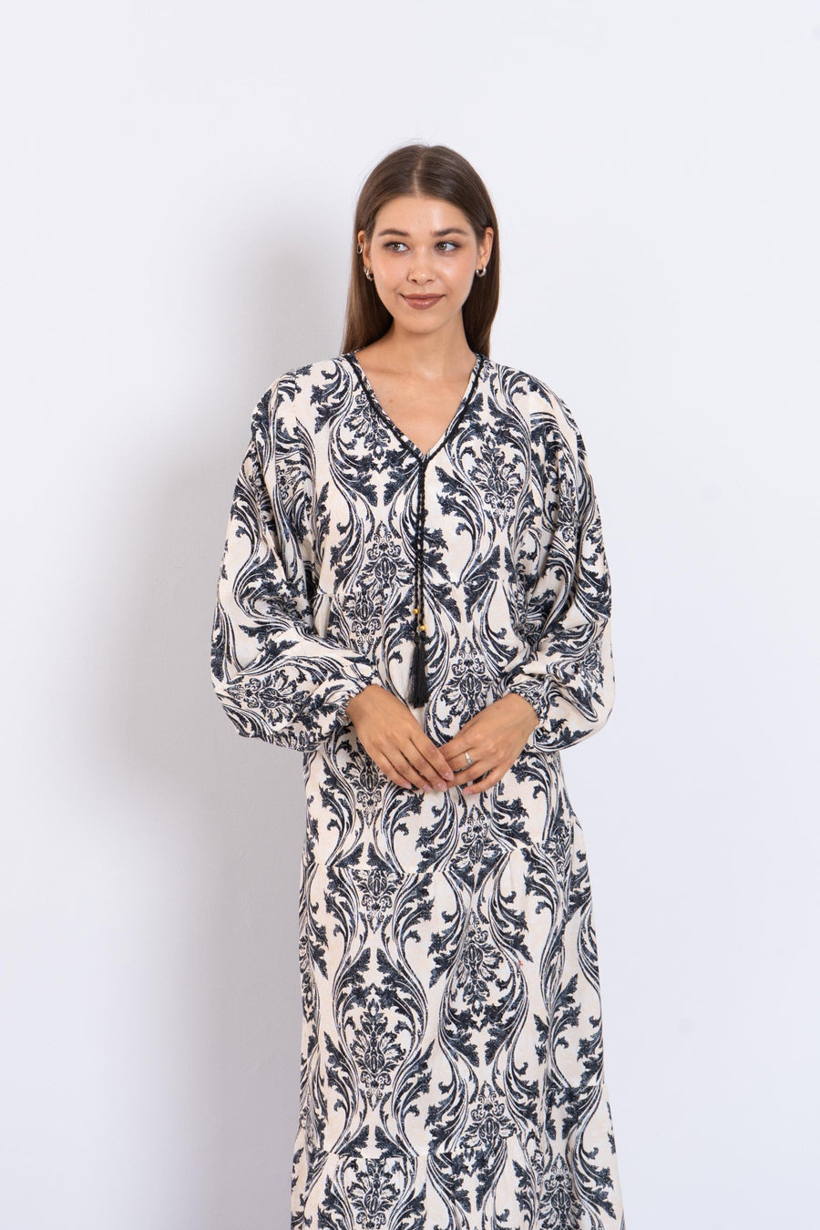 Black Print Viscose Maxi Dress – Puffy Sleeve Boho Dress for Women – Lightweight Flowy Long Dress – Casual Summer Resort Outfit