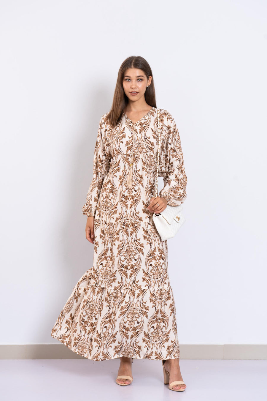Chic Caramel Print Viscose Maxi Dress – Puffy Sleeve Boho Dress for Women – Lightweight Flowy Long Dress – Casual Summer Resort Outfit