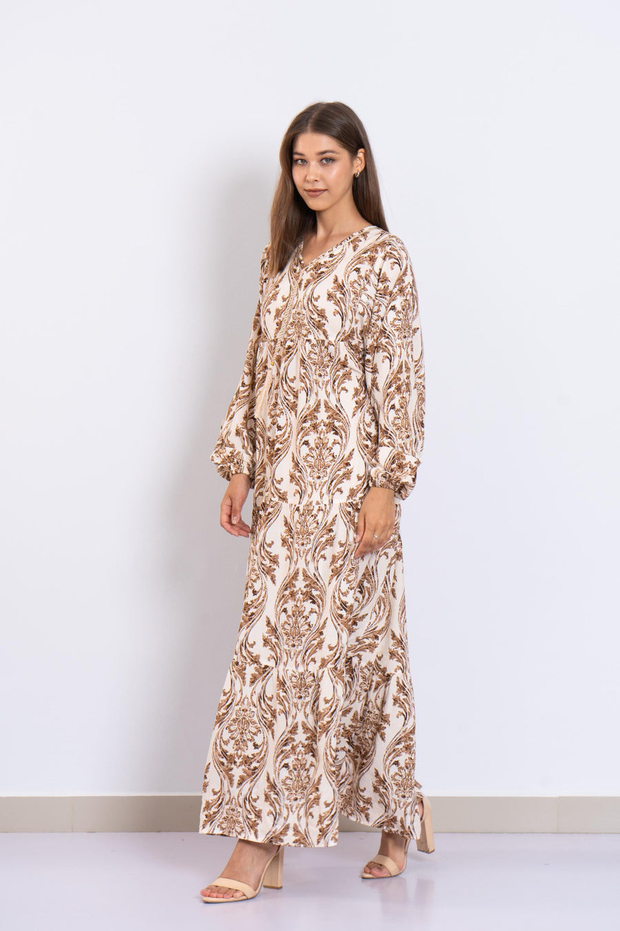 Chic Caramel Print Viscose Maxi Dress – Puffy Sleeve Boho Dress for Women – Lightweight Flowy Long Dress – Casual Summer Resort Outfit