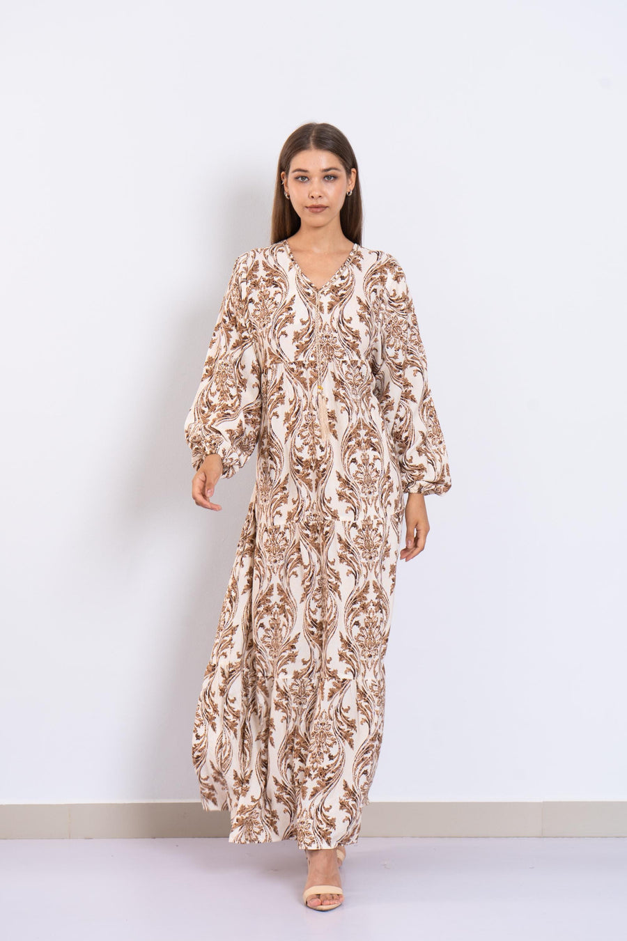 Chic Caramel Print Viscose Maxi Dress – Puffy Sleeve Boho Dress for Women – Lightweight Flowy Long Dress – Casual Summer Resort Outfit