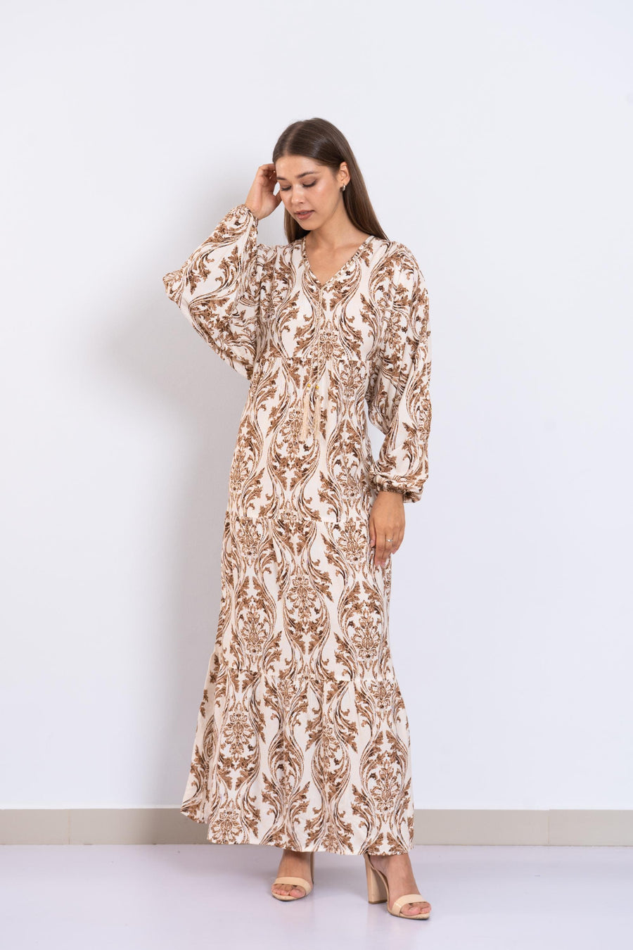 Chic Caramel Print Viscose Maxi Dress – Puffy Sleeve Boho Dress for Women – Lightweight Flowy Long Dress – Casual Summer Resort Outfit